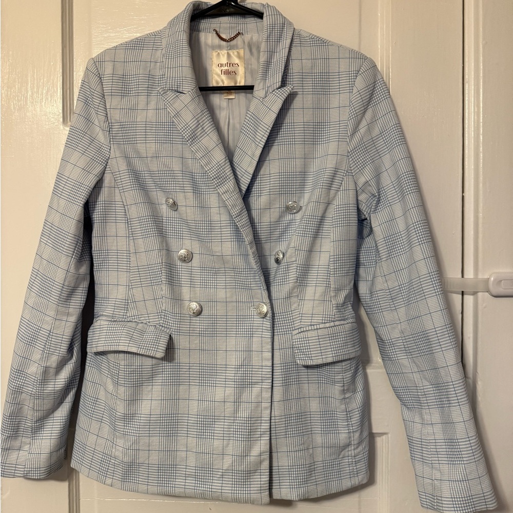 Women's Light Blue Plaid Double-Breasted Blazer